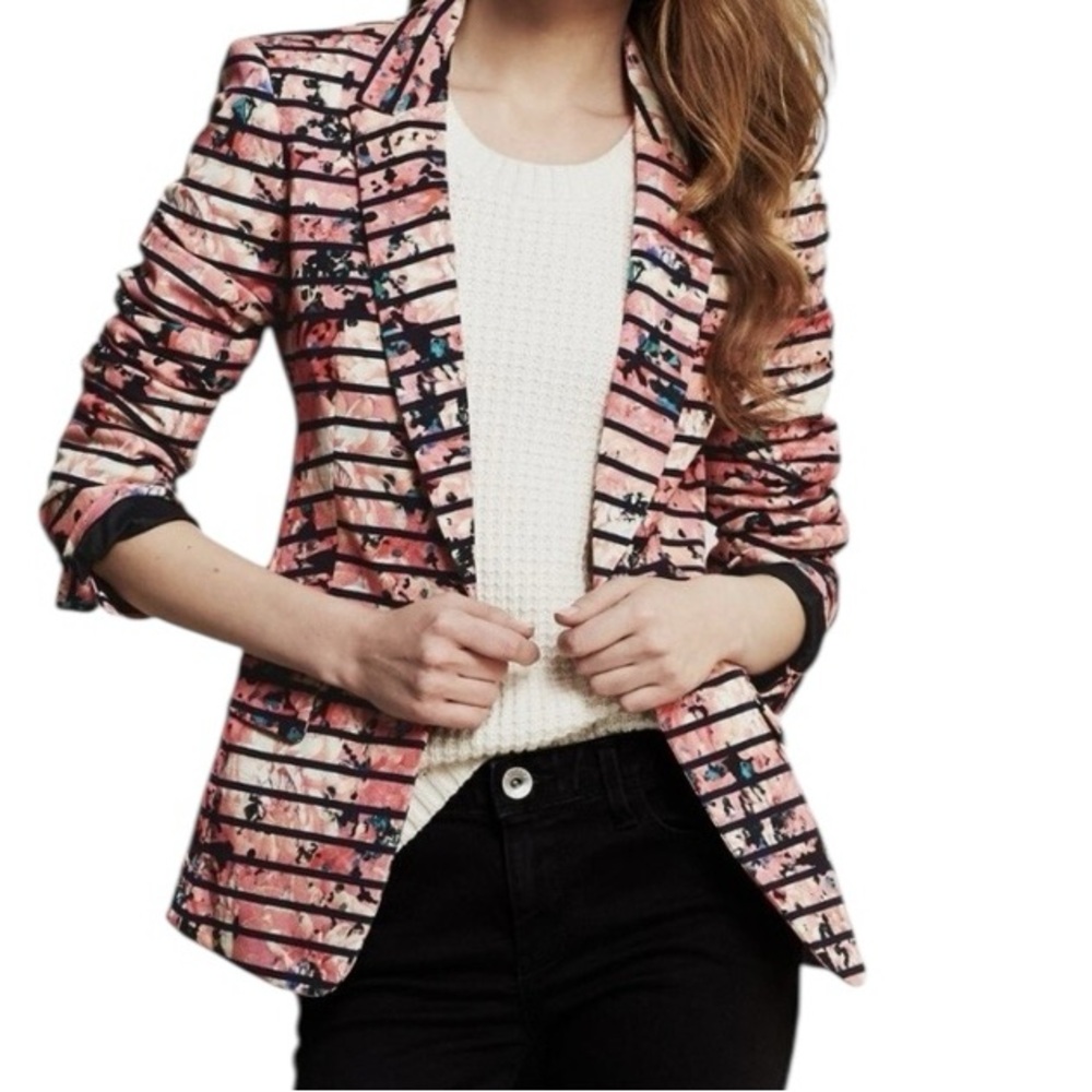 Banana Republic Pink/ Black Floral with Stripes One Button Blazer 0